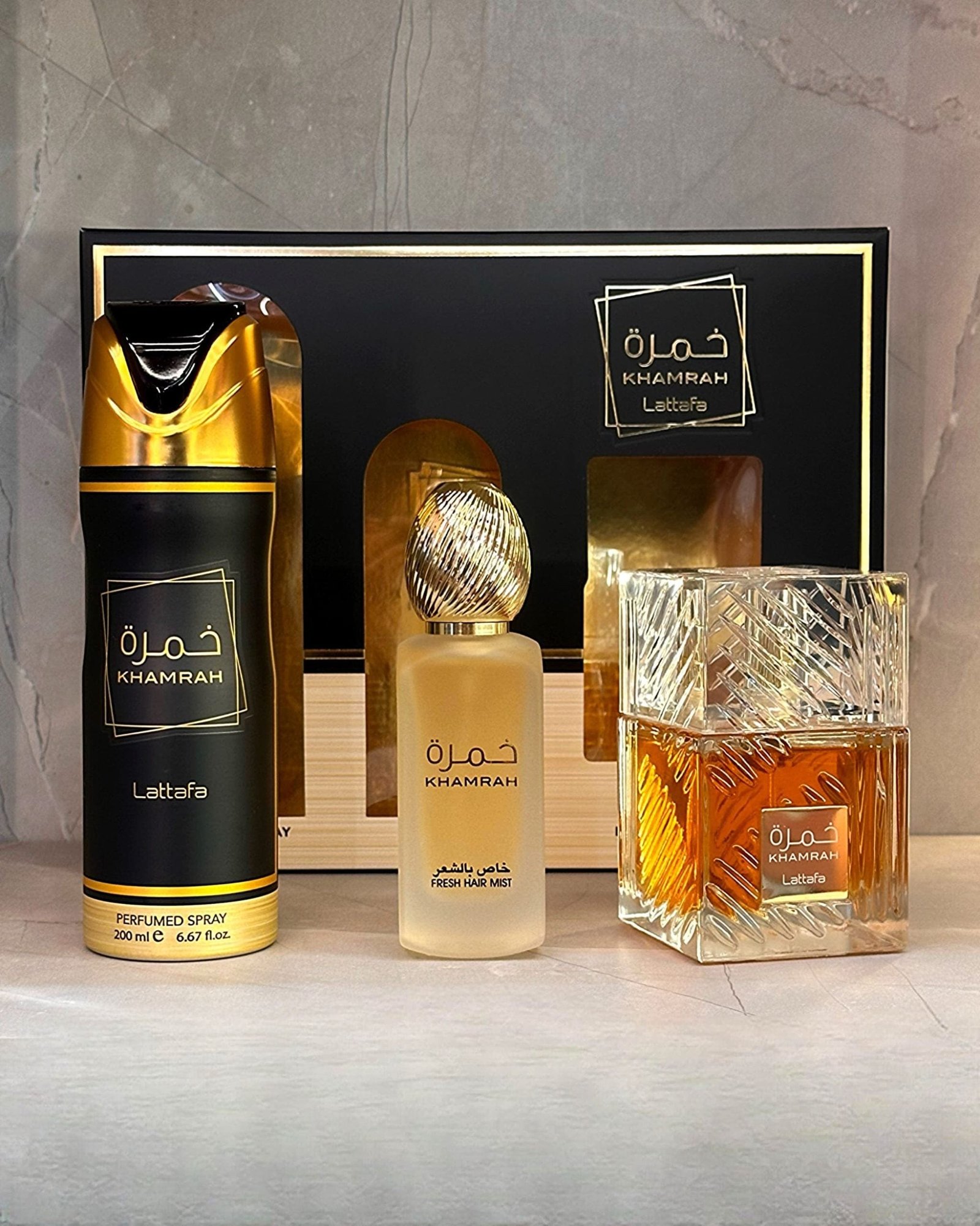PACK KHAMRAH (Perfume Khamrah + Perfume capilar Khamrah + Desodorante Khamrah ) Lataffa set Unisex